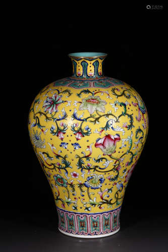 A Yellow Ground Famille Rose Floral Porcelain Meiping