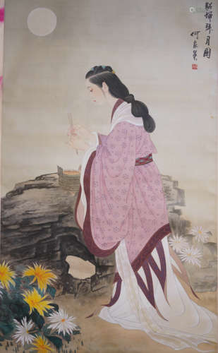 A Chinese Figure Painting Scroll, He Jiaying Mark