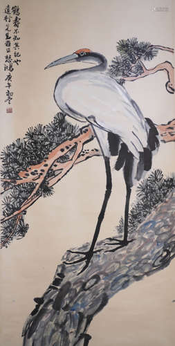 A Chinese Pine&Crane Painting Scroll, Xu Beihong Mark