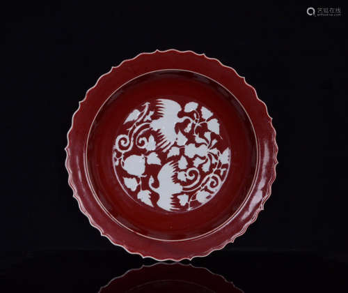 An Altar Red Glaze Phoenix Pattern Carved Porcelain Plate