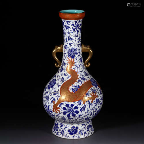 A Blue&white Gilt-inlaid Dragon Pattern Porelain Double Ears Vase