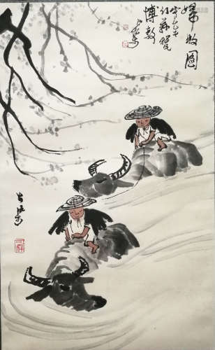 A Chinese Figures&Ox Painting Scroll, Li Keran Mark