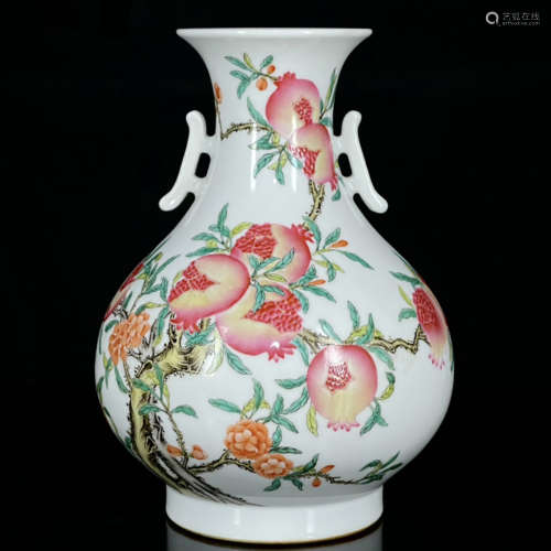 A Famille Rose Pomegranate Pattern Porcelain Double Ears Vase