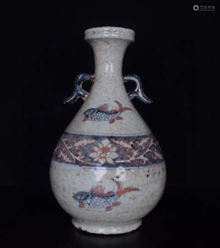 A Blue and White Underglazed Red Fish Porcelain Double Ears Vase