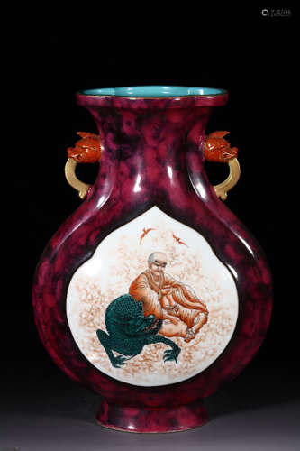 An Enamel Arhat Painted Porcelain Double Ears Oblate Vase