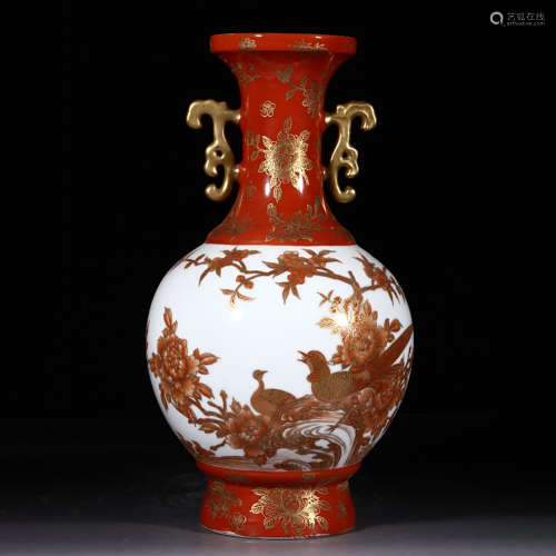 An Enamel Gilt-inlaid Flower&Bird Pattern Porcelain Double Ears Tianqiuping