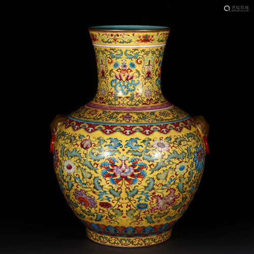 An Enamel Gilt Floral Porcelain Beast Ears Vase
