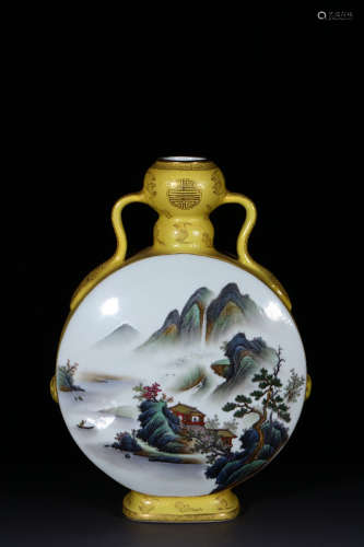 An Enamel Gilt-inlaid Yellow Ground Landscape Porcelain Oblate Vase