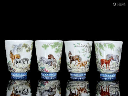 A Set of Enamel Eight Horse Painted Porcelain Cups