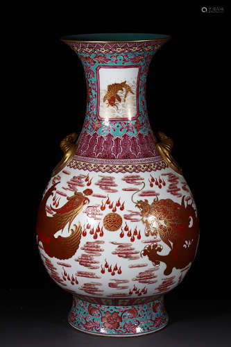 An Enamel Gilt-inlaid Dragon&Phoenix Pattern Porcelain Double Ears Vase