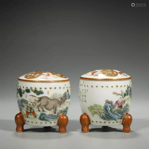 A PAIR OF CHINESE FAMILLE-ROSE PORCELAIN CENSERS