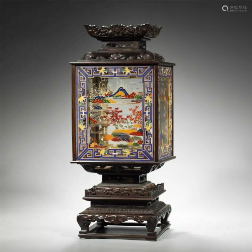 CHINESE WOOD AND GLASS LAMP