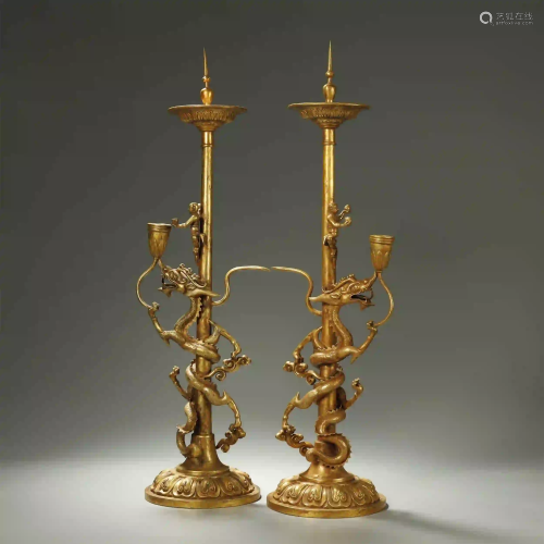 A PAIR OF CHINESE GILT-BRONZE DRAGON CANDLESTICKS