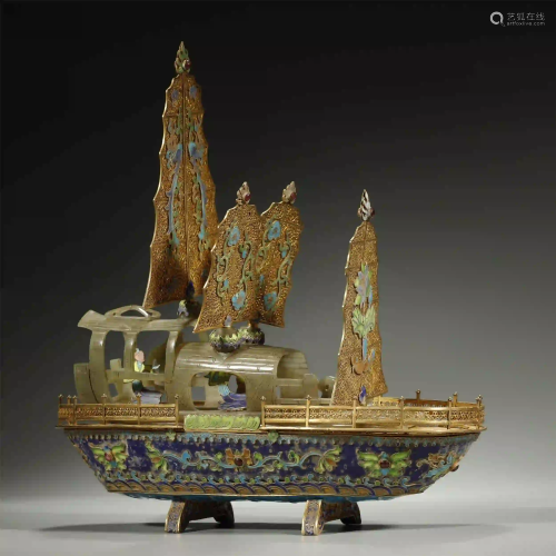 CHINESE GILT-BRONZE AND JADE SHIP