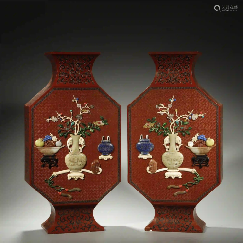 A PAIR OF HARDSTONE-INLAID LACQUER WARE VASES