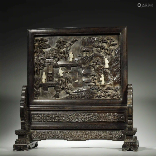 CHINESE WHITE JADE-INLAID RED SANDALWOOD SCREEN