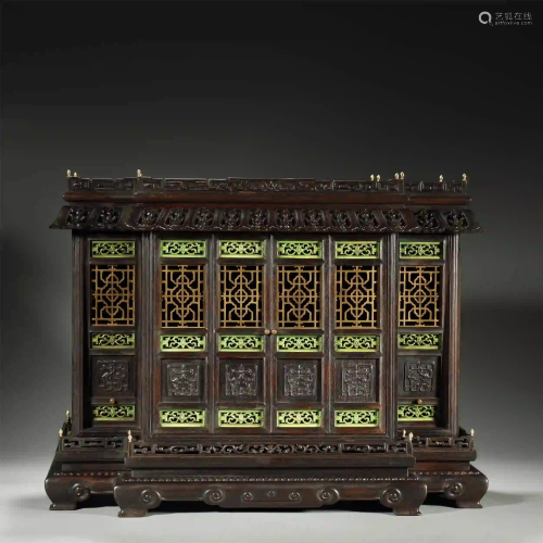 CHINESE CARVED HARDSTONE-INLAID WOOD CASE