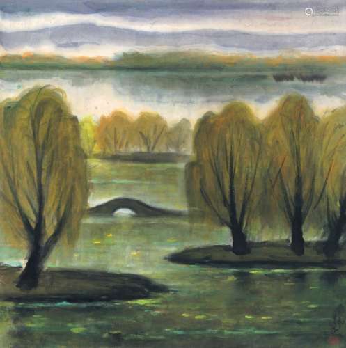 林风眠（1900～1991） 为王西野作 春风柳岸图 设色纸本 镜片