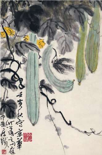 钱瘦铁（1897～1967） 丝瓜图 设色纸本 立轴