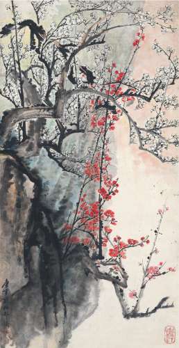 朱梅邨（1911～1993）题 唐 云（1910～1993）画 梅花图 设色纸本 镜片