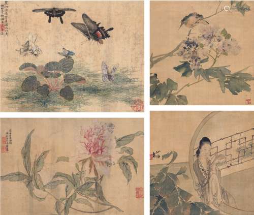 周寿祺（1872～1940）白 珩［近代］胡 术［清］ 花鸟仕女四帧