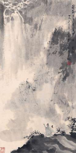傅抱石（1904～1965） 为蔡放作 观瀑图 设色纸本 立轴