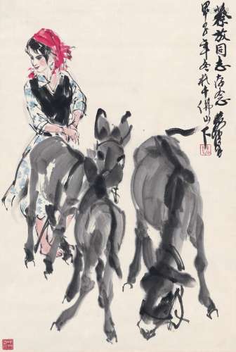 黄 胄（1925～1997） 为蔡放作 少女牧驴图 设色纸本 立轴