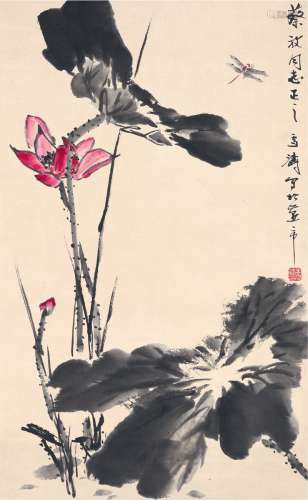 王雪涛（1903～1982） 为蔡放作 荷花蜻蜓图 设色纸本 立轴