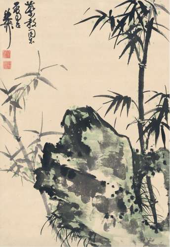 谢稚柳（1910～1997） 为蔡放作 竹石图 设色纸本 立轴