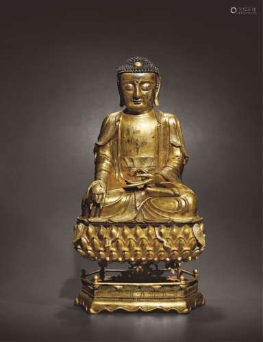 明•铜鎏金药师佛坐像
