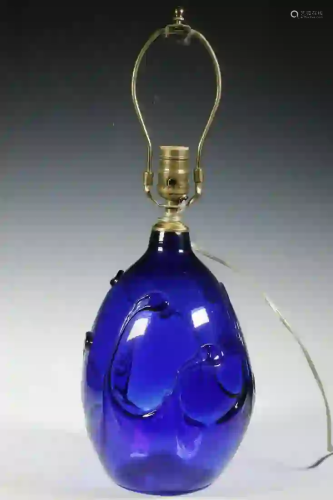 ARTIST SIGNED COBALT BLUE ART GLASS TABLE LAMP