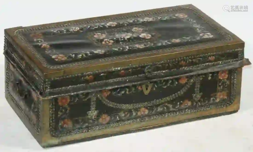 CHINESE PAINTED LEATHER & CAMPHOR WOOD TRUNK