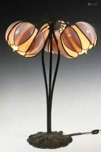 SLAG GLASS WATER LILY BRONZE TABLE LAMP