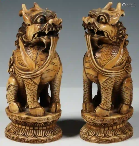 (2) CARVED CHINESE FOO DRAGONS, 20TH C.