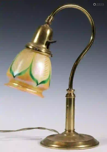 BRASS GOOSENECK DESK LAMP WITH ART GLASS SHADE