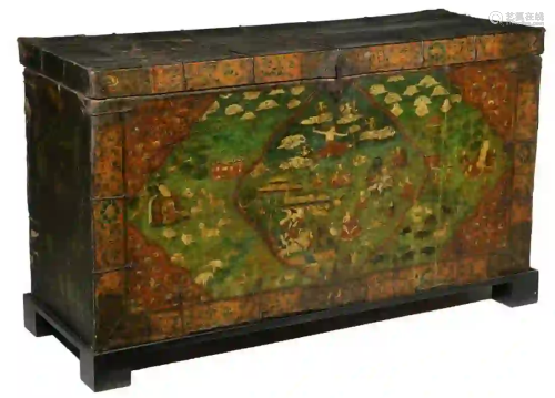 WOOD AND PAINTED LEATHER TIBETAN TRUNK ON STAND