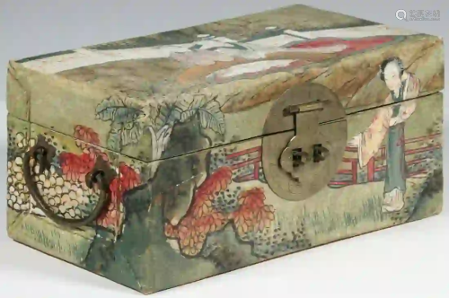 CHINESE PAINTED LEATHER COVERED TRINKET BOX