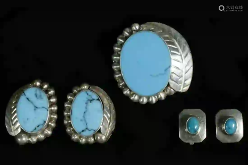 5 PIECE LOT - MEXICAN SILVER MOUNTED TURQUOISE JEWELRY