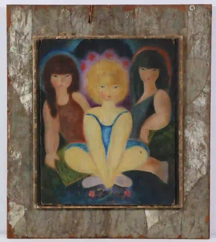 JAPANESE INFLUENCED MODERNIST PORTRAIT OF THREE GIRLS