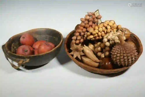 (2) BOWLS WITH WOODEN FRUIT