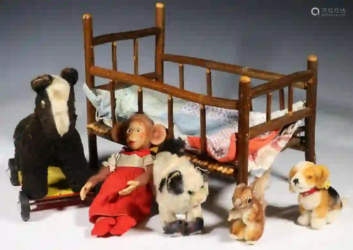 (5) VINTAGE STUFFED ANIMALS, INCL STEIFF & LOG DOLL