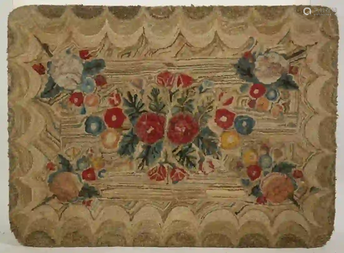 FLORAL HOOKED RUG MOUNTED ON FRAME