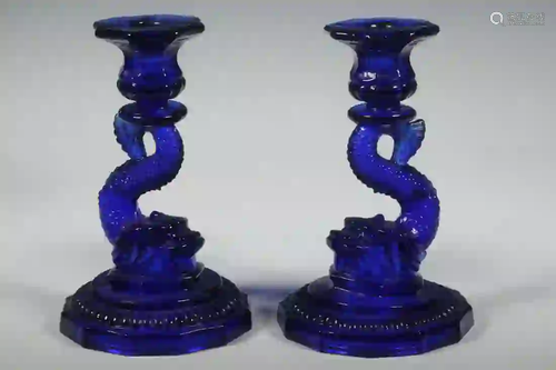 PR COBALT GLASS DOLPHIN FORM CANDLESTICKS