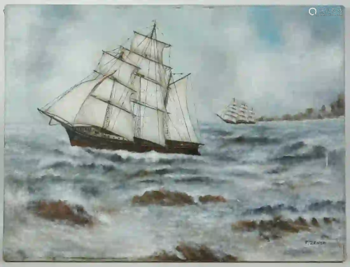 TWO SHIPS PAINTING SIGNED 