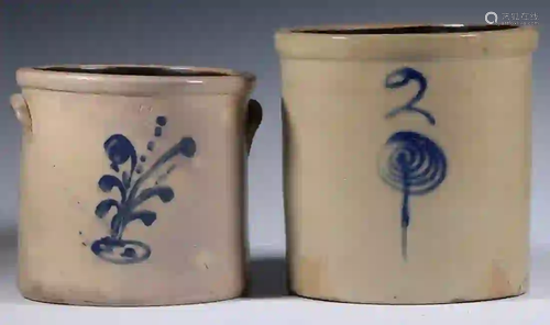 (2) COBALT DECORATED STONEWARE CROCKS