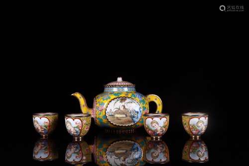 Set Of Enameled Figure-Story Cups&Teapot