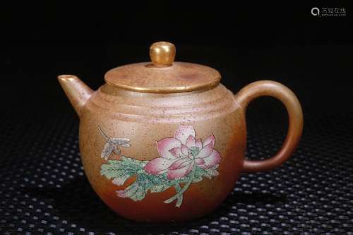 A Zisha Teapot With Lotus Flower Painting