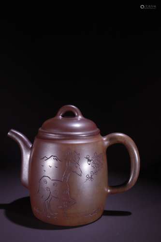 A Zisha Teapot With Deer Carving