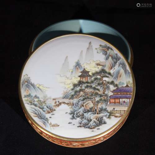 A Porcelain Enameled Landscape Box With Lid