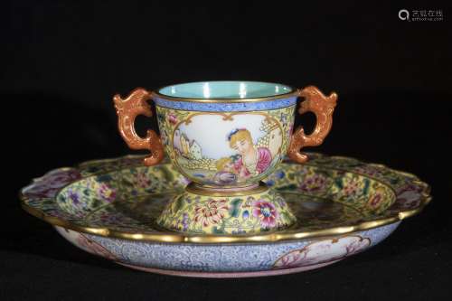 A Porcelain Enameled Figure Cup With Tray